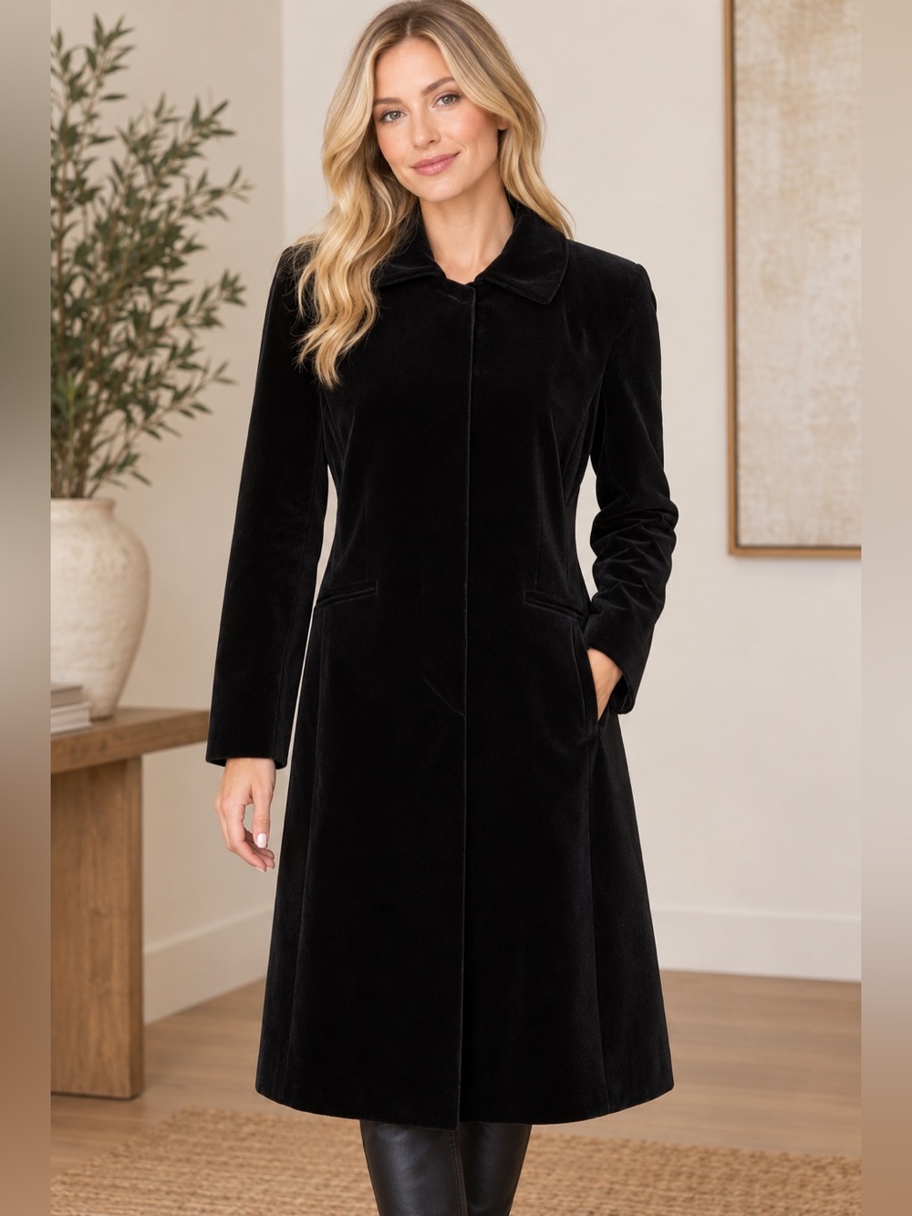 Ann Taylor Black Velvet Long Tailored Coat 100% Cotton